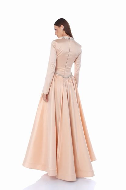Powder Pink Mandarin Collar Embellished Satin Evening Dress